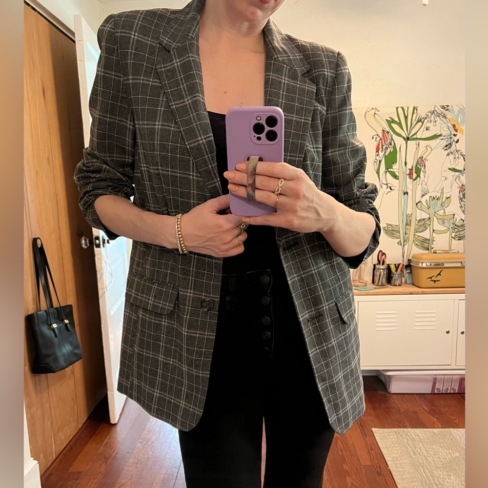 Asos Plaid Check Boyfriend Blazer Long Gray